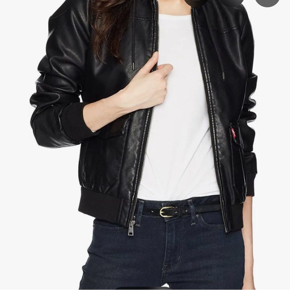 Levi's Black Hooded Faux Leather Bomber Jacket